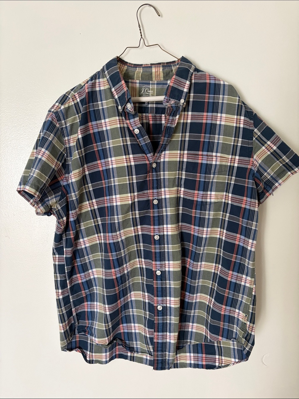 J. Crew Plaid Short-Sleeve Button-Down Shirt in Navy, Olive & Red